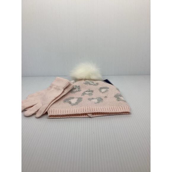 Soft Pink Hat With Pearls Gloves Faux Fur Pom NWT - Picture 2 of 4